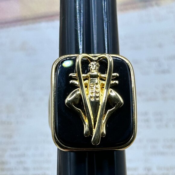 Bronzallure Large Black Lucky Cricket Symbol Ring Made in Italy 18K Gold Plate - Picture 5 of 11